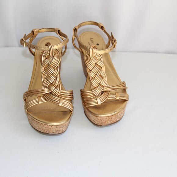 Kate Spade Gold Leather Wedge Sandals Size 6. Gold Metallic Leather Braided - Picture 2 of 7